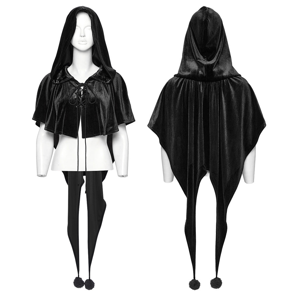 OPY-444DQF Velvet Gothic Hooded Coat with Pom Poms Draped Design