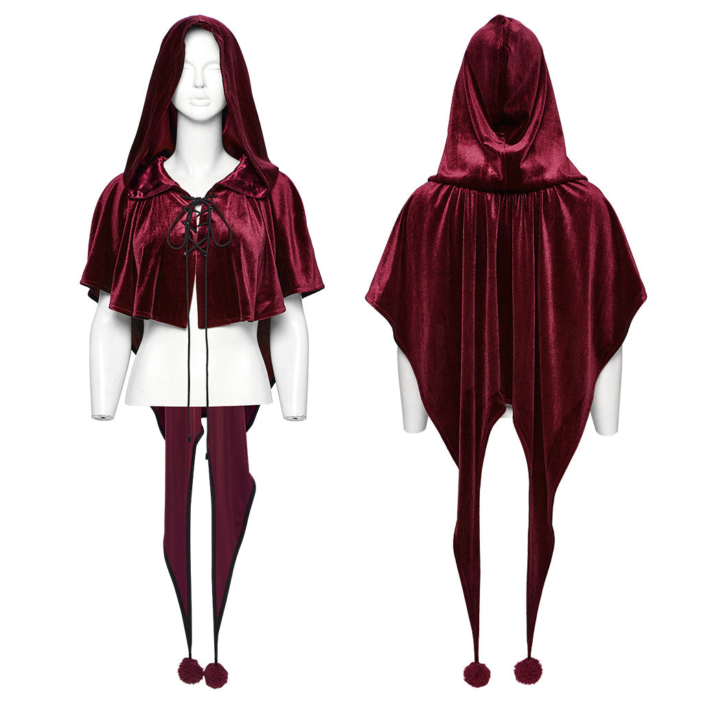 OPY-444DQF Velvet Gothic Hooded Coat with Pom Poms Draped Design