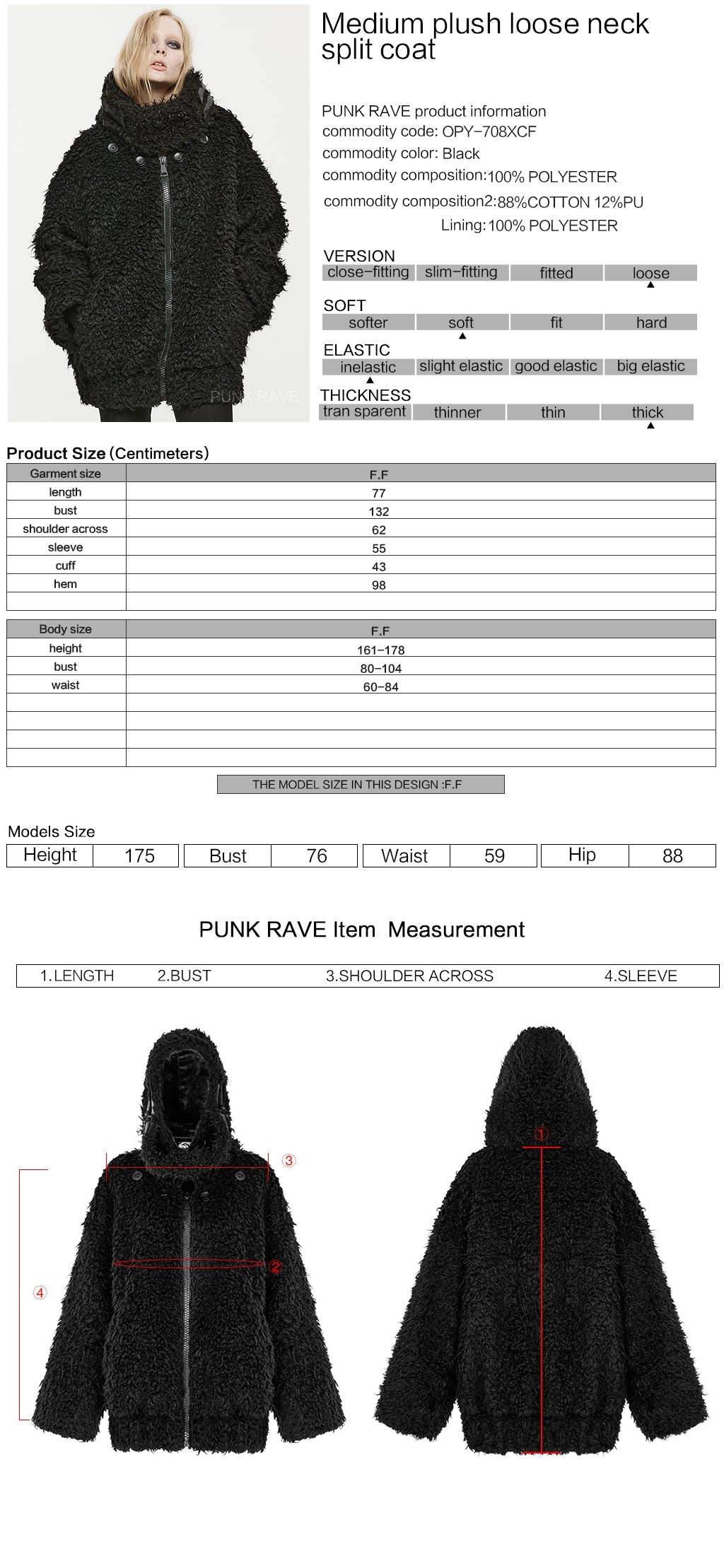 OPY-708XCF Punk Coat Oversized Furry Black Jacket High Collar Zippered Style
