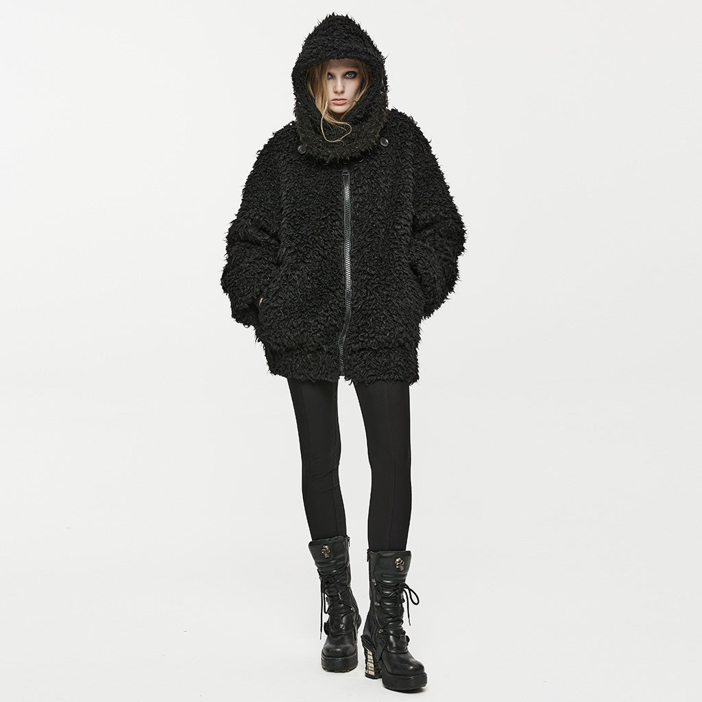 OPY-708XCF Punk Coat Oversized Furry Black Jacket High Collar Zippered Style