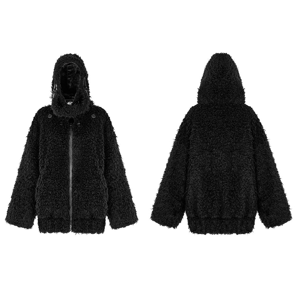 OPY-708XCF Punk Coat Oversized Furry Black Jacket High Collar Zippered Style
