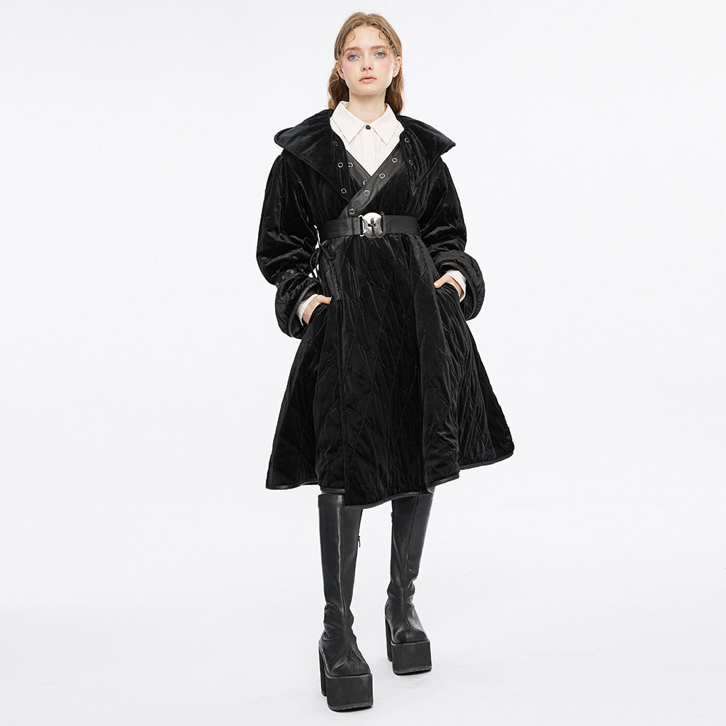 OPY-714XCF Reversible Hooded Gothic Coat Double-Sided Velvet Belted Design