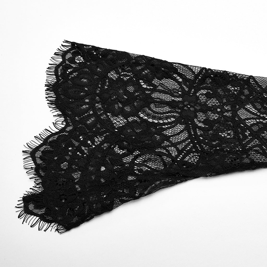 OPY-751XDF Gothic Lace Punk Jackets Black Mesh Embroidered Cropped Design Gothic Lace Mesh Punk Jackets with Leather Trim Details Edgy Lace Gothic Jacket with Mesh and Leather Details