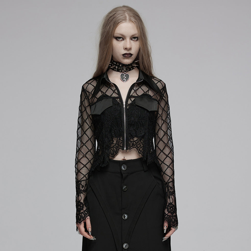 OPY-751XDF Gothic Lace Punk Jackets Black Mesh Embroidered Cropped Design Gothic Lace Mesh Punk Jackets with Leather Trim Details Edgy Lace Gothic Jacket with Mesh and Leather Details