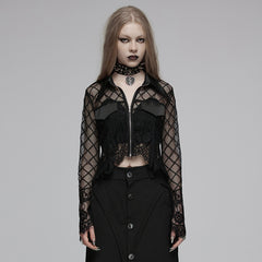 OPY-751XDF Gothic Lace Punk Jackets Black Mesh Embroidered Cropped Design Gothic Lace Mesh Punk Jackets with Leather Trim Details Edgy Lace Gothic Jacket with Mesh and Leather Details