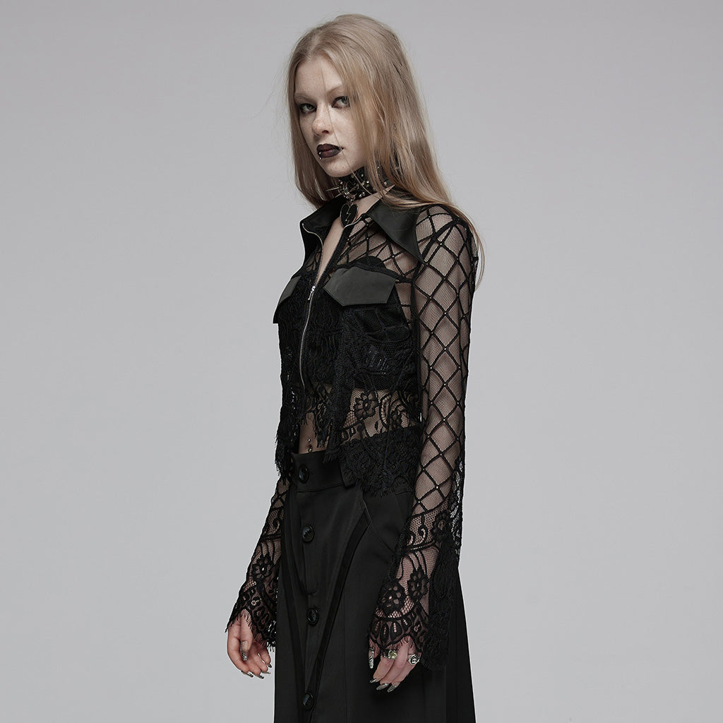 OPY-751XDF Gothic Lace Punk Jackets Black Mesh Embroidered Cropped Design Gothic Lace Mesh Punk Jackets with Leather Trim Details Edgy Lace Gothic Jacket with Mesh and Leather Details