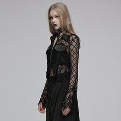 OPY-751XDF Gothic Lace Punk Jackets Black Mesh Embroidered Cropped Design Gothic Lace Mesh Punk Jackets with Leather Trim Details Edgy Lace Gothic Jacket with Mesh and Leather Details