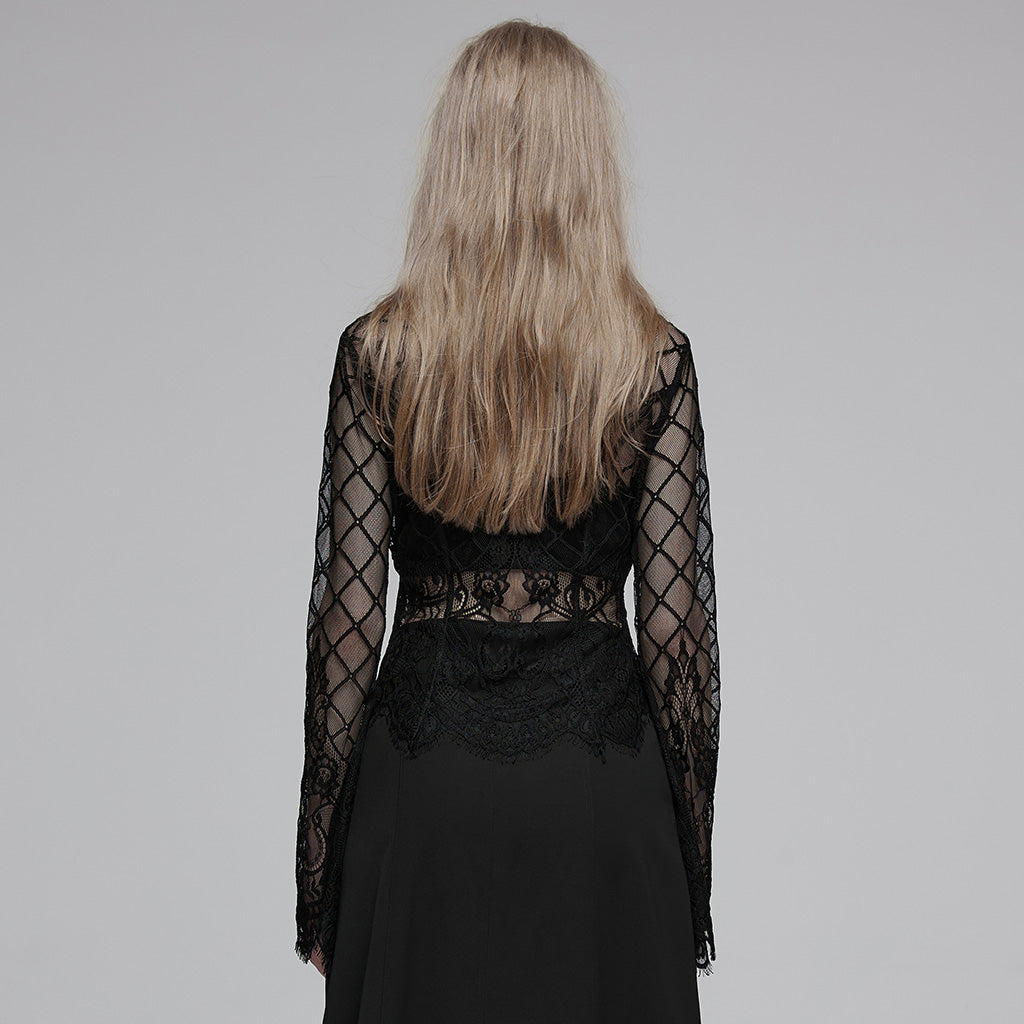 OPY-751XDF Gothic Lace Punk Jackets Black Mesh Embroidered Cropped Design Gothic Lace Mesh Punk Jackets with Leather Trim Details Edgy Lace Gothic Jacket with Mesh and Leather Details