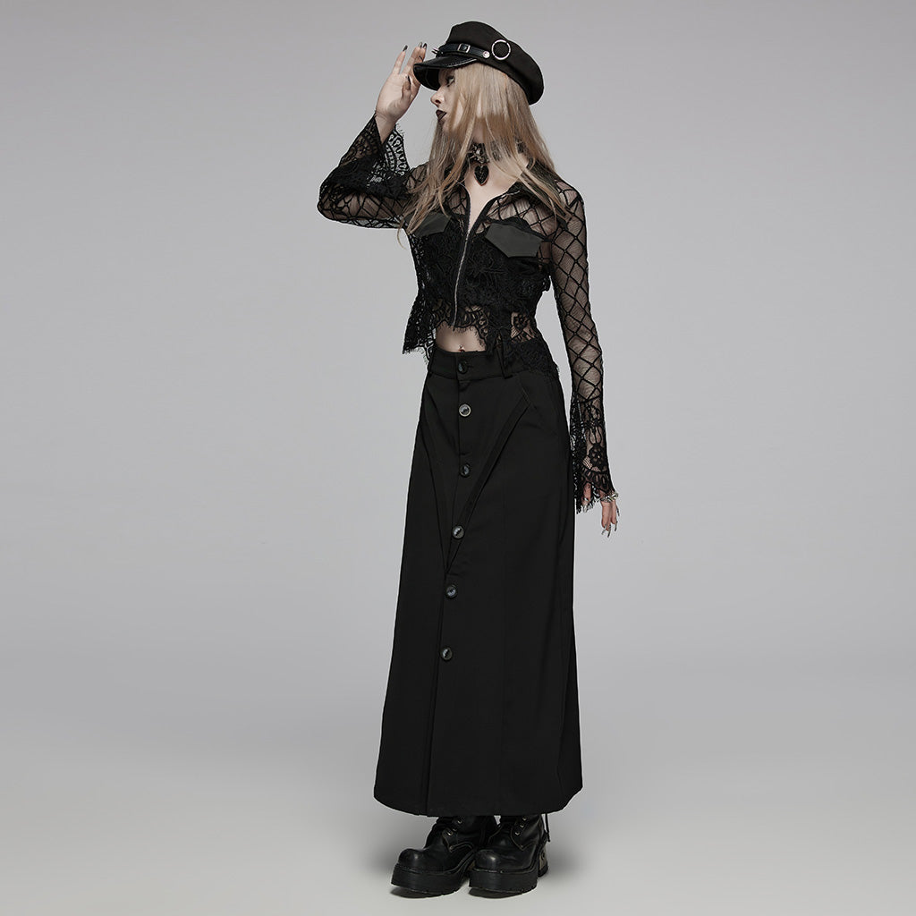 OPY-751XDF Gothic Lace Punk Jackets Black Mesh Embroidered Cropped Design Gothic Lace Mesh Punk Jackets with Leather Trim Details Edgy Lace Gothic Jacket with Mesh and Leather Details