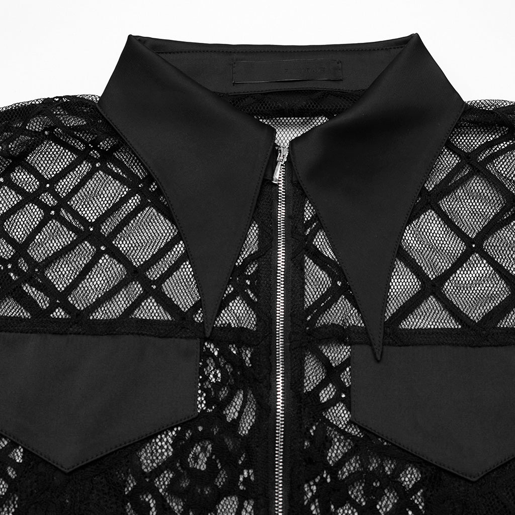 OPY-751XDF Gothic Lace Punk Jackets Black Mesh Embroidered Cropped Design Gothic Lace Mesh Punk Jackets with Leather Trim Details Edgy Lace Gothic Jacket with Mesh and Leather Details