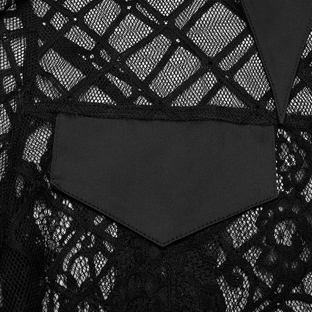 OPY-751XDF Gothic Lace Punk Jackets Black Mesh Embroidered Cropped Design Gothic Lace Mesh Punk Jackets with Leather Trim Details Edgy Lace Gothic Jacket with Mesh and Leather Details