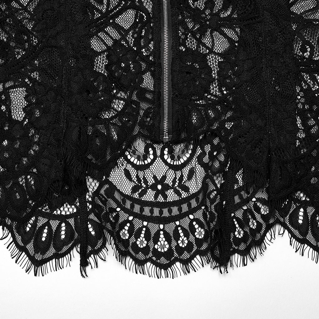 OPY-751XDF Gothic Lace Punk Jackets Black Mesh Embroidered Cropped Design Gothic Lace Mesh Punk Jackets with Leather Trim Details Edgy Lace Gothic Jacket with Mesh and Leather Details