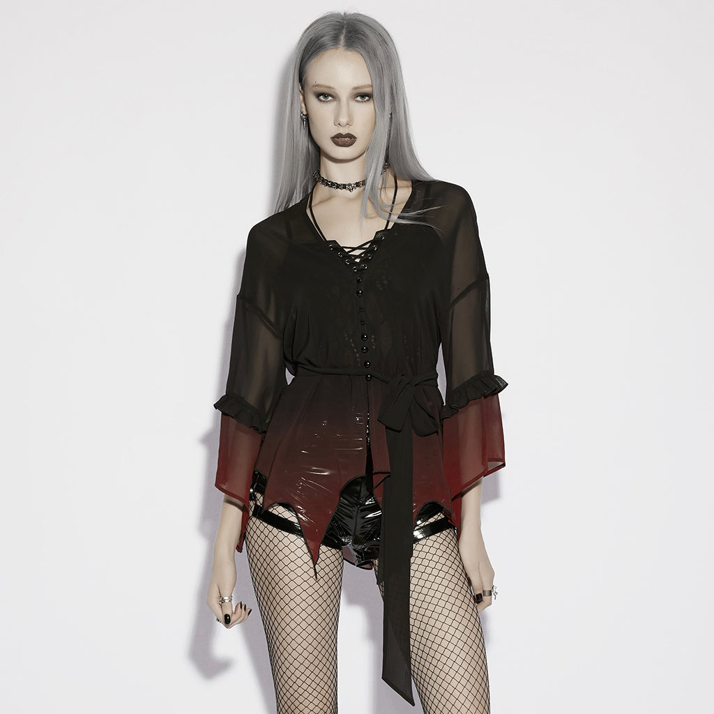 OPY-836XDF Sheer Lace-Up Flowing Gothic Shirts With Ruffled Sleeves