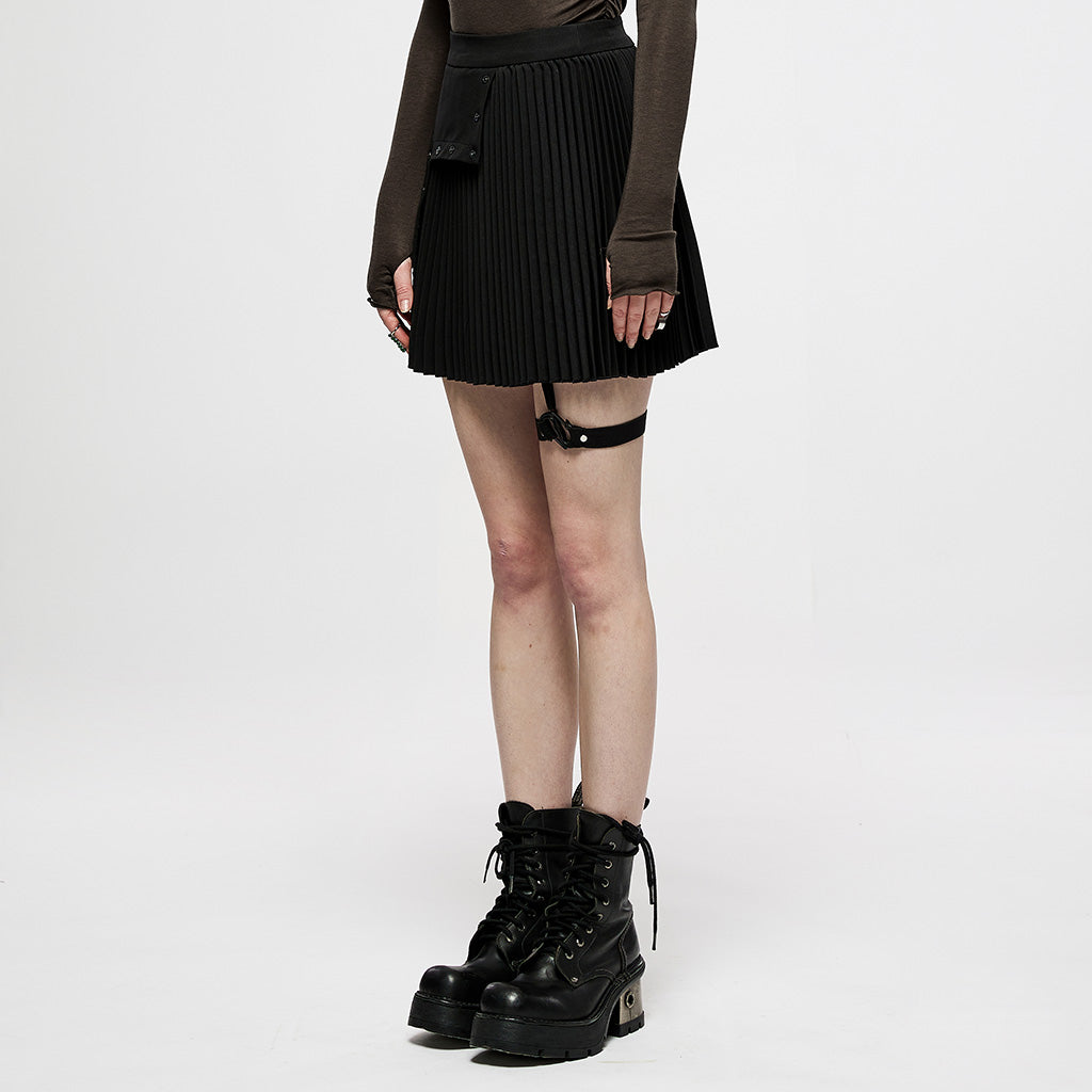 OQ-005BQF Edgy Black Pleated Mini Punk Skirt with Snap Pockets