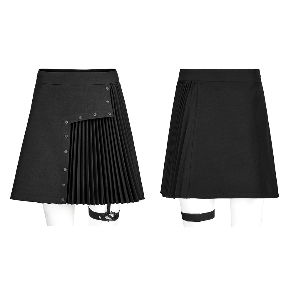 OQ-005BQF Edgy Black Pleated Mini Punk Skirt with Snap Pockets