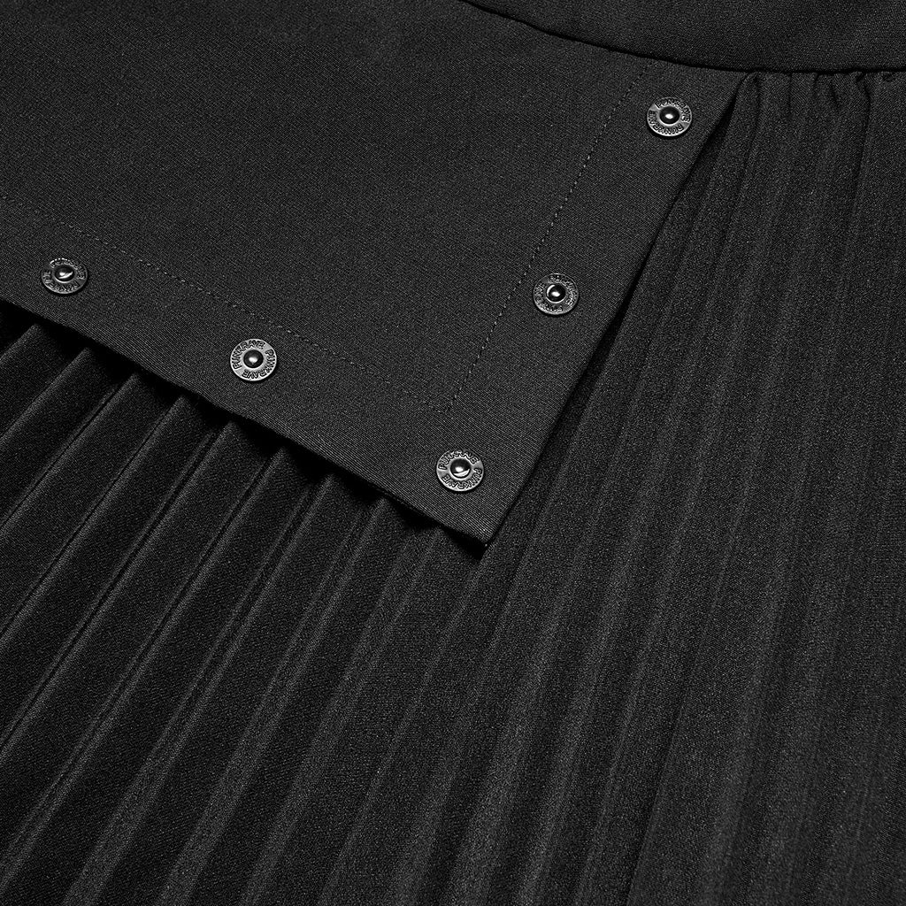 OQ-005BQF Edgy Black Pleated Mini Punk Skirt with Snap Pockets
