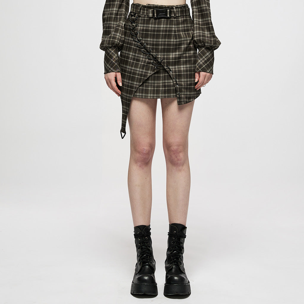 OQ-007DQF Edgy Black Punk Skirt with Belted Zipper Detail