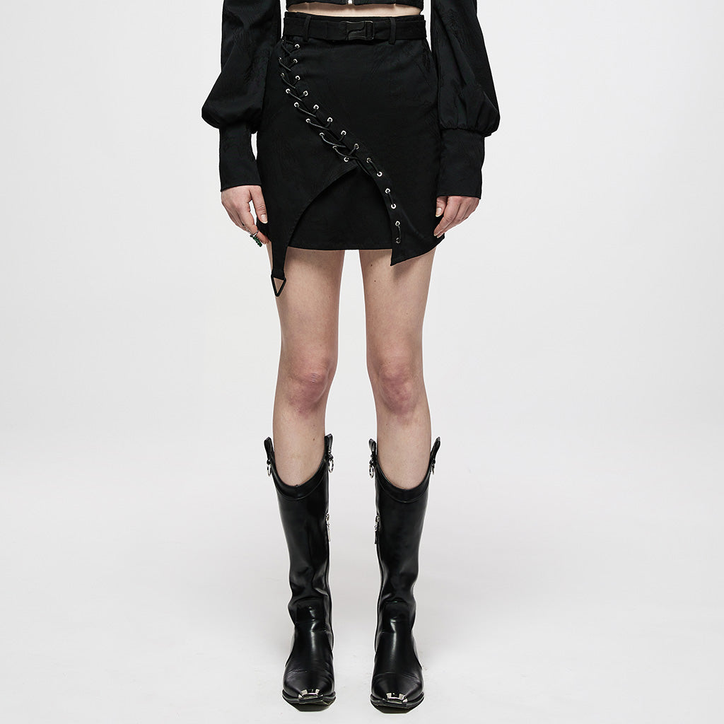 OQ-007DQF Edgy Black Punk Skirt with Belted Zipper Detail