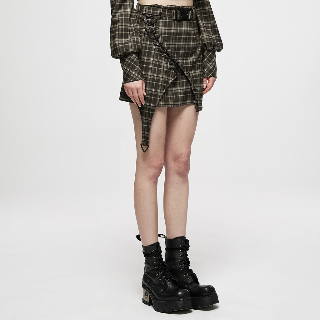 OQ-007DQF Edgy Black Punk Skirt with Belted Zipper Detail