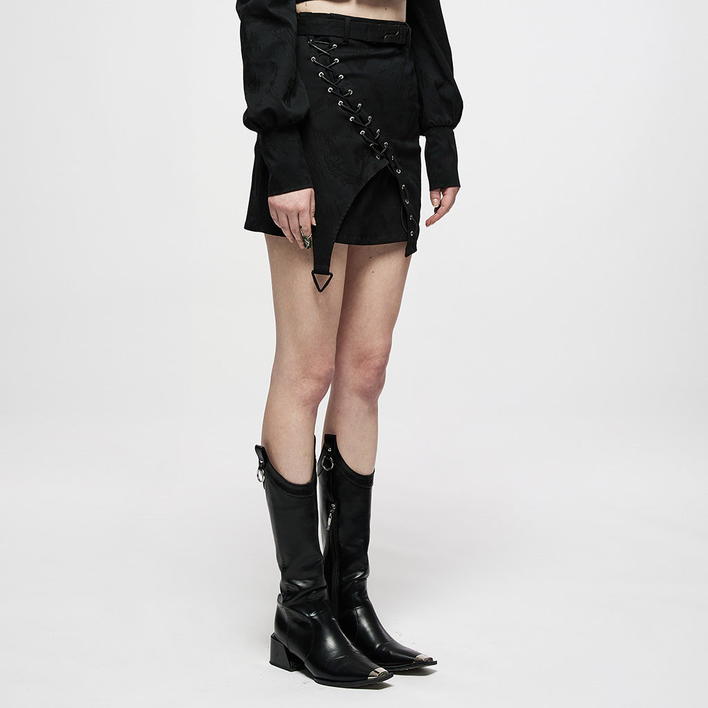 OQ-007DQF Edgy Black Punk Skirt with Belted Zipper Detail