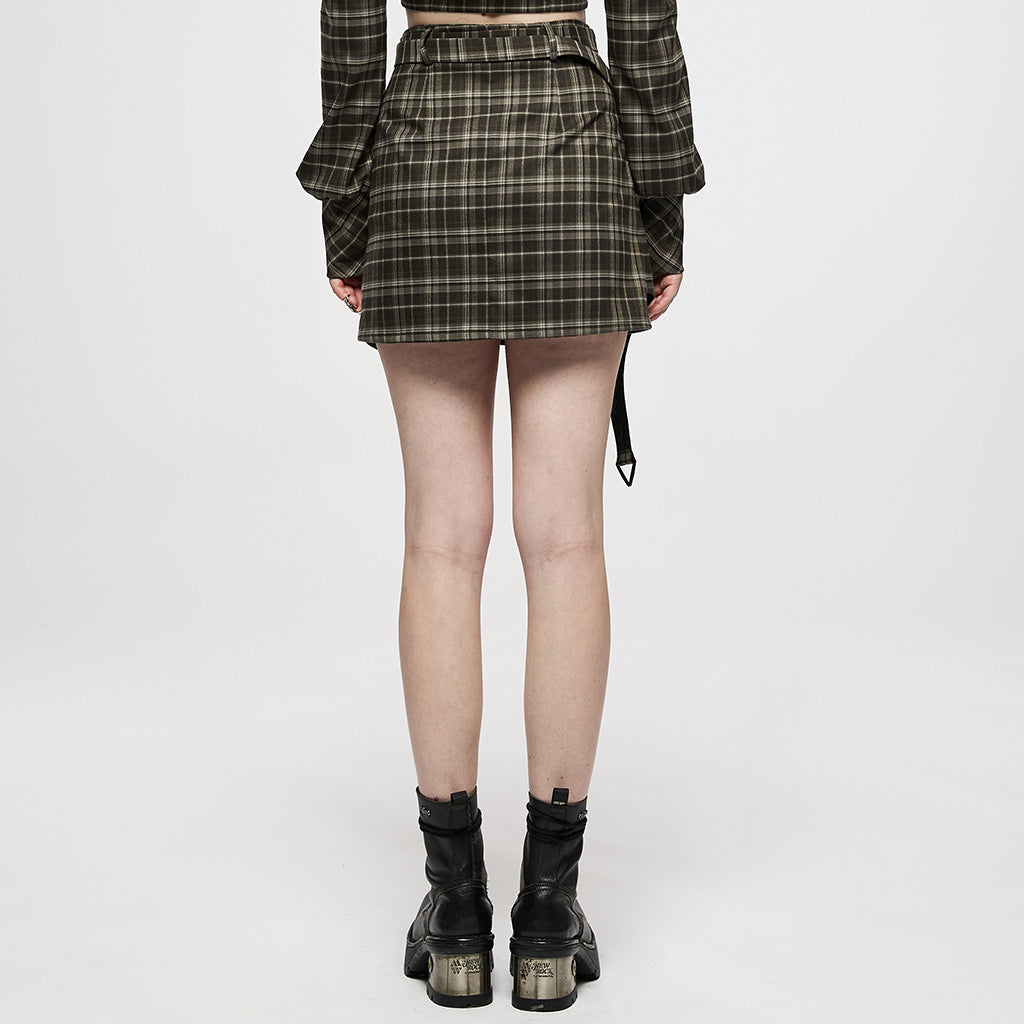 OQ-007DQF Edgy Black Punk Skirt with Belted Zipper Detail