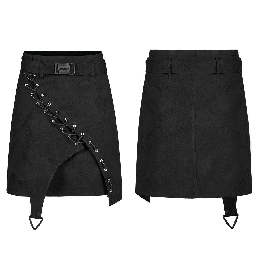 OQ-007DQF Edgy Black Punk Skirt with Belted Zipper Detail