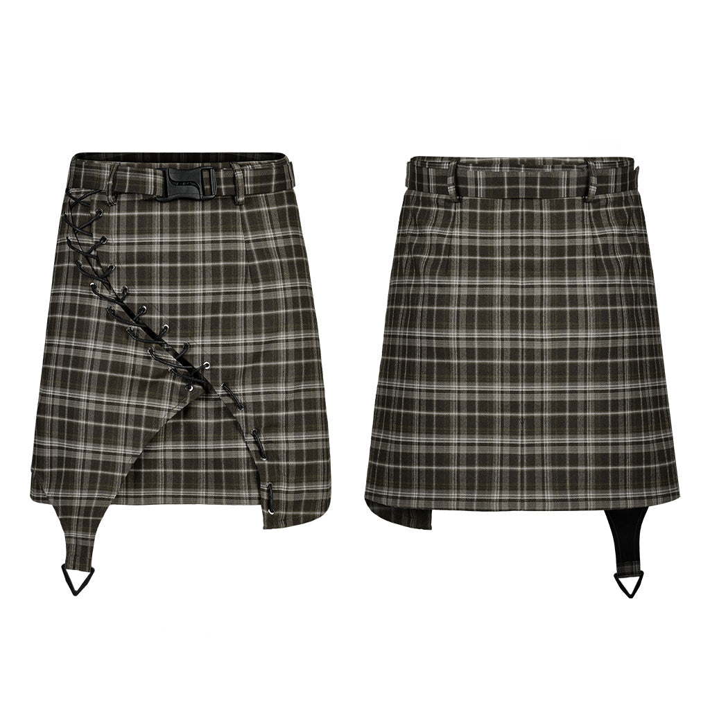 OQ-007DQF Edgy Black Punk Skirt with Belted Zipper Detail