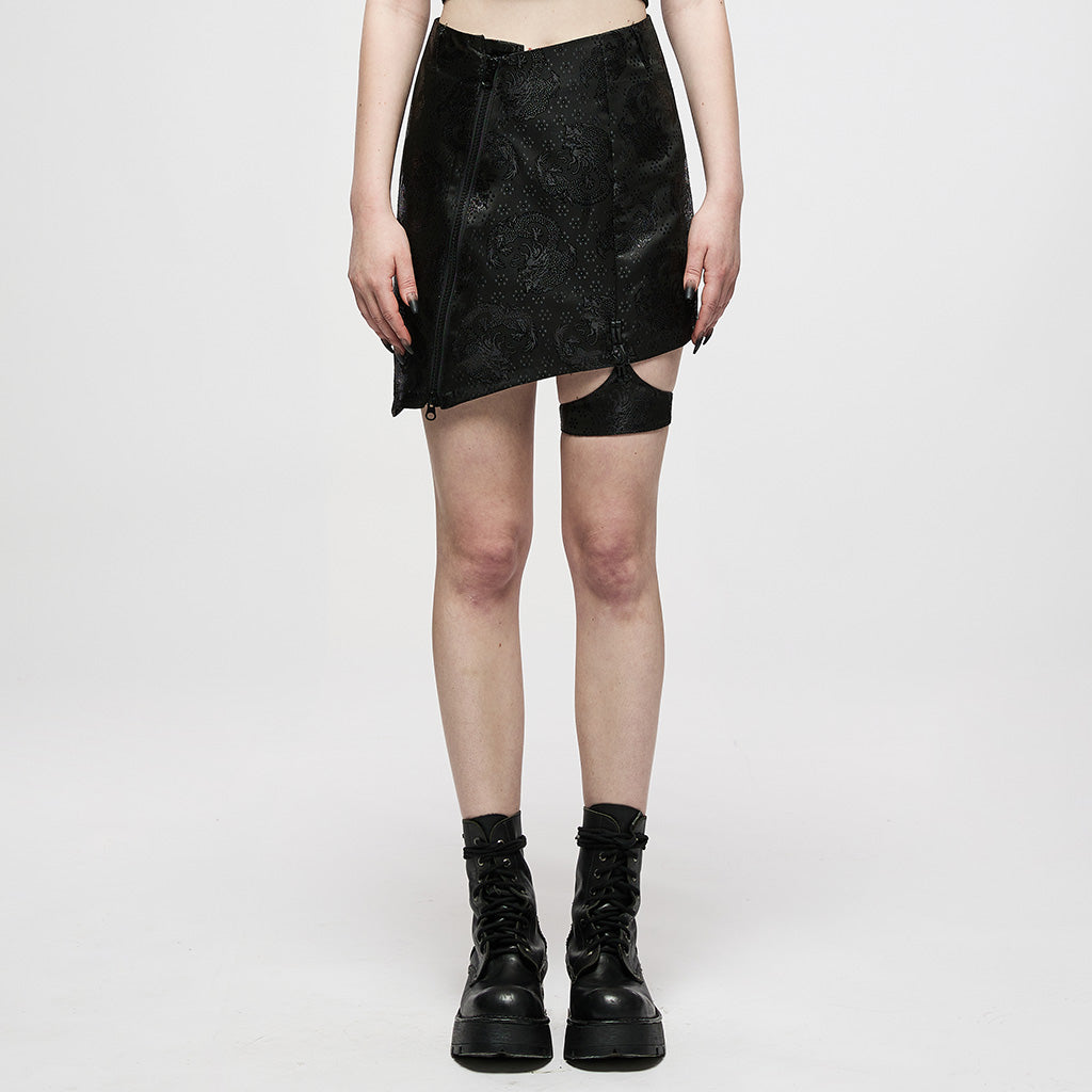 OQ-010BQF Edgy Asymmetrical Punk Skirt with Garter Strap Design