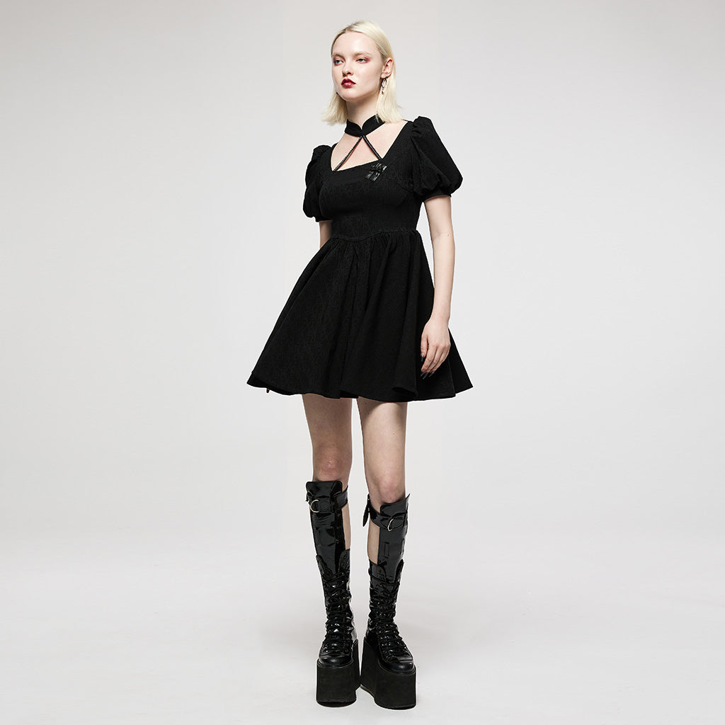 OQ-012LQF Gothic Dress Black Puff Sleeve Cross Neckline Mini Dress