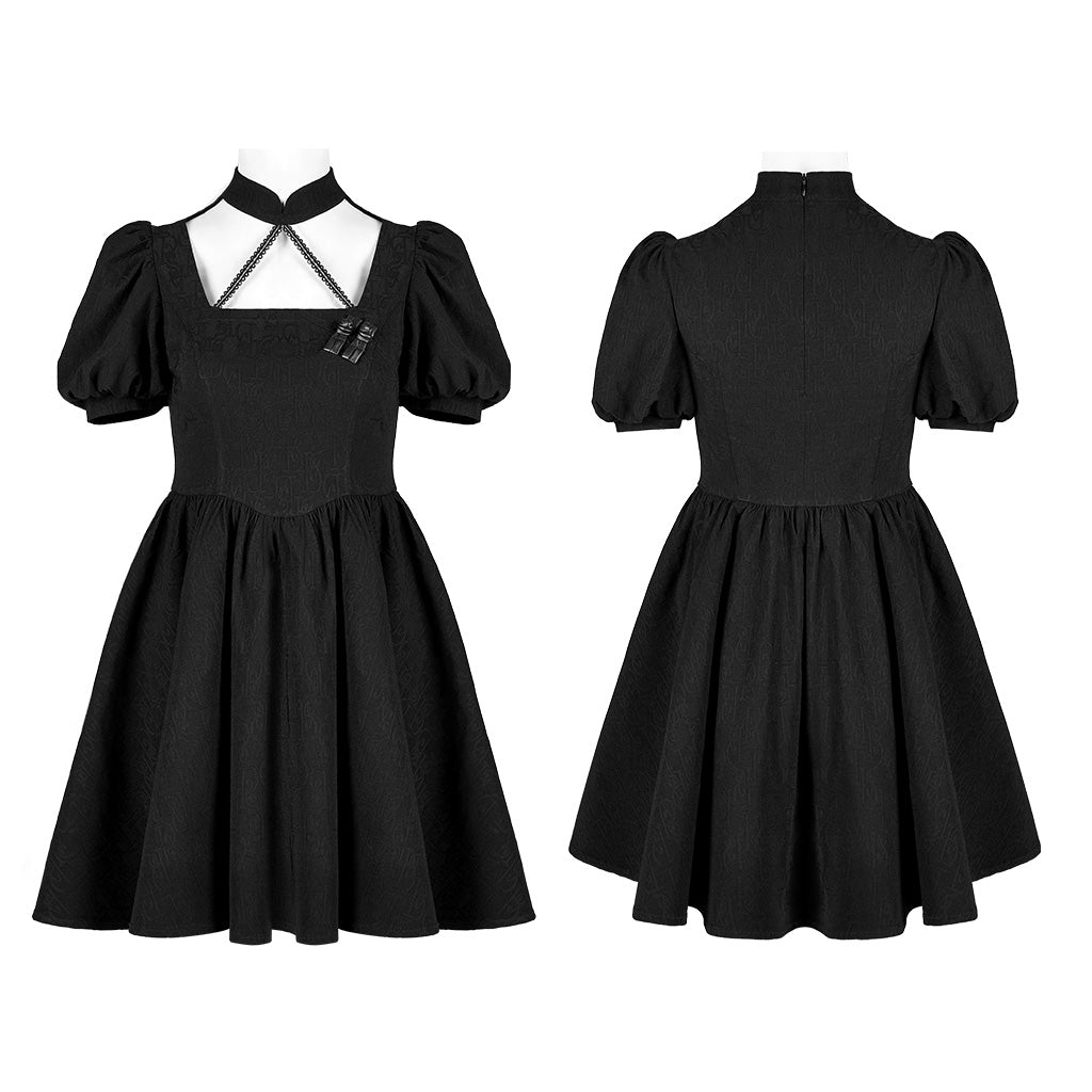 OQ-012LQF Gothic Dress Black Puff Sleeve Cross Neckline Mini Dress