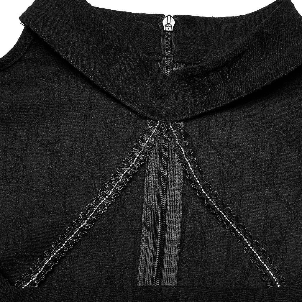 OQ-012LQF Gothic Dress Black Puff Sleeve Cross Neckline Mini Dress
