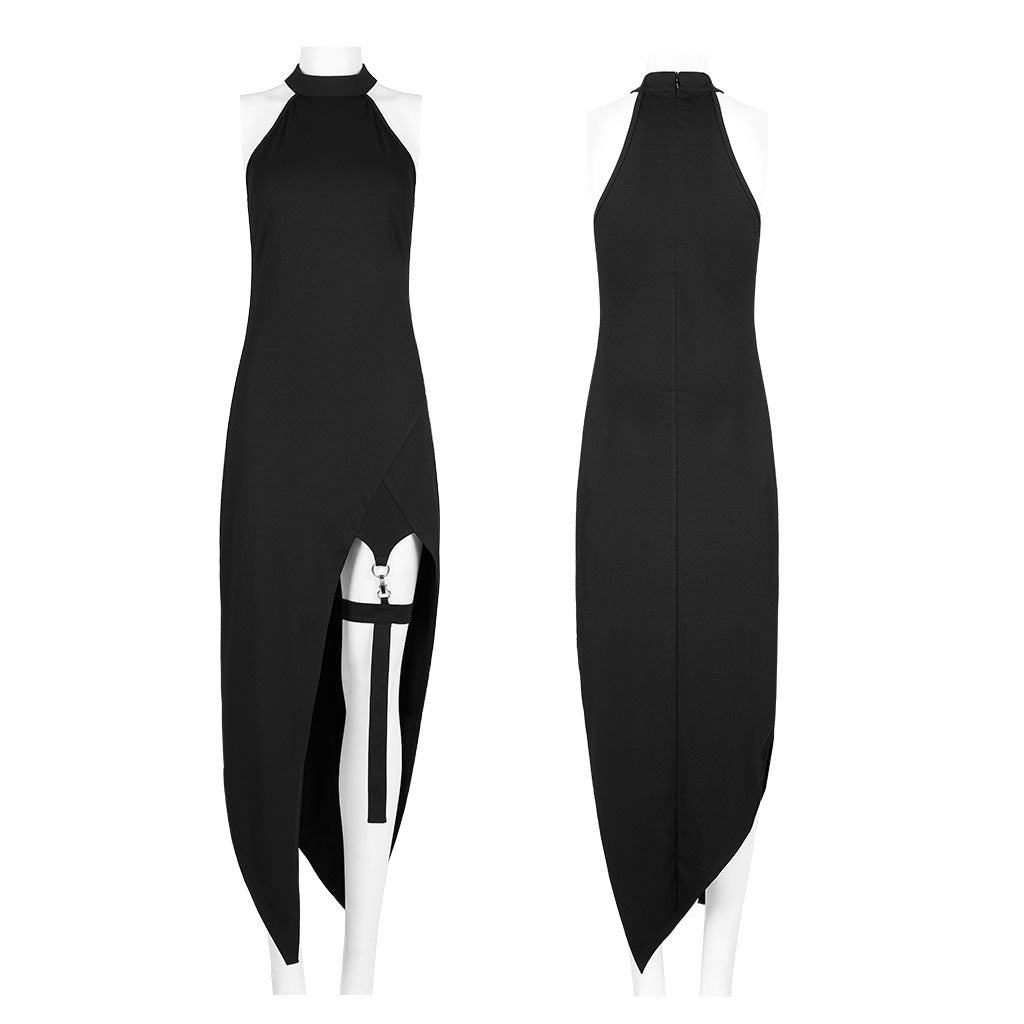OQ-015LQF Edgy Asymmetrical Halter Punk Dress with Chain Detail