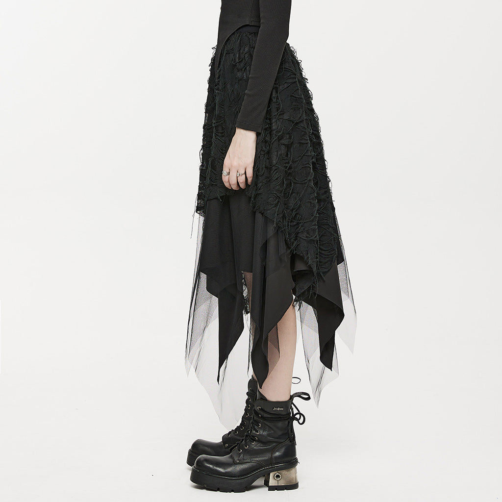 OQ-020BQF Gothic Skirt Asymmetrical Lace Layered Tattered Hem Fashion Statement