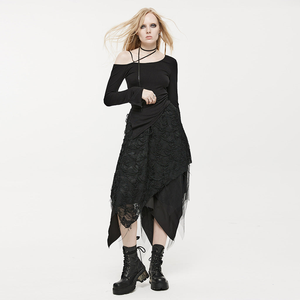 OQ-020BQF Gothic Skirt Asymmetrical Lace Layered Tattered Hem Fashion Statement