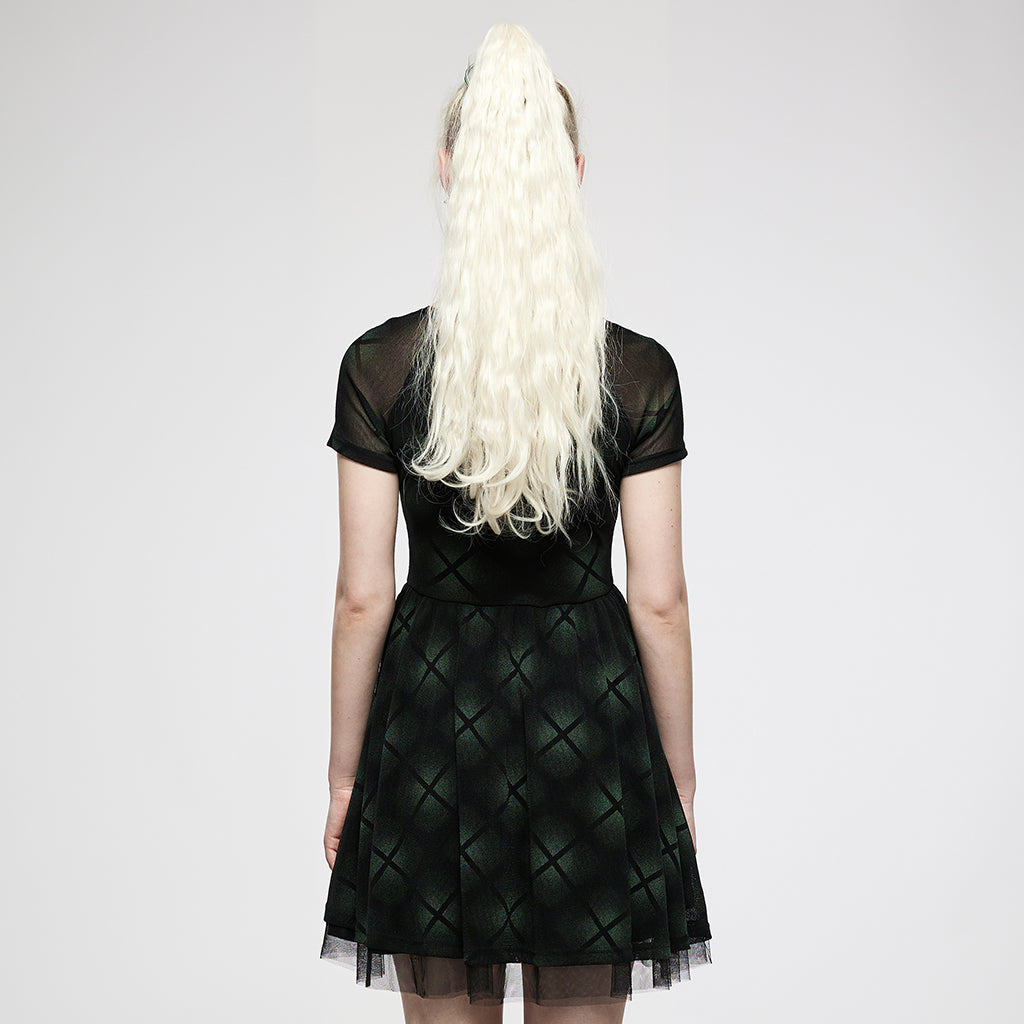 OQ-021LQF Edgy Mesh Punk Dresses with Halter Neck Top Skater Style