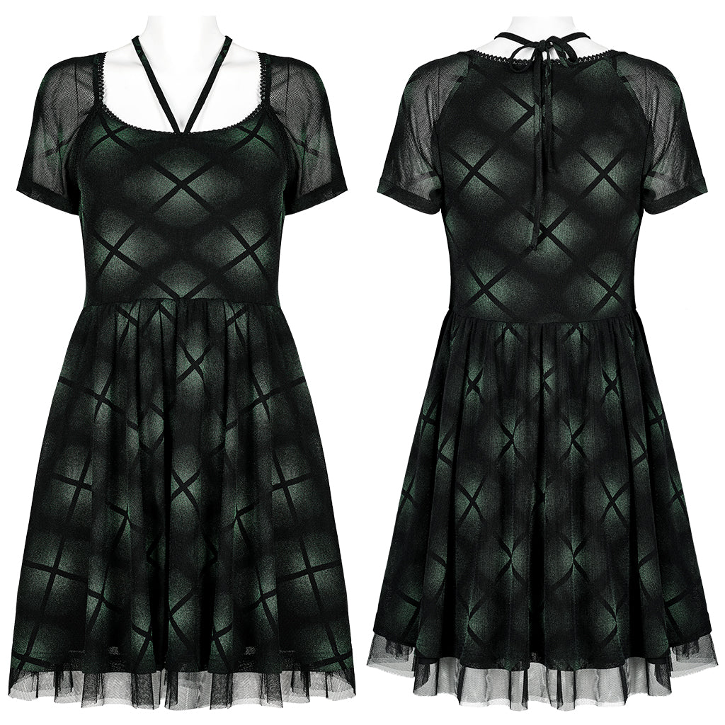 OQ-021LQF Edgy Mesh Punk Dresses with Halter Neck Top Skater Style
