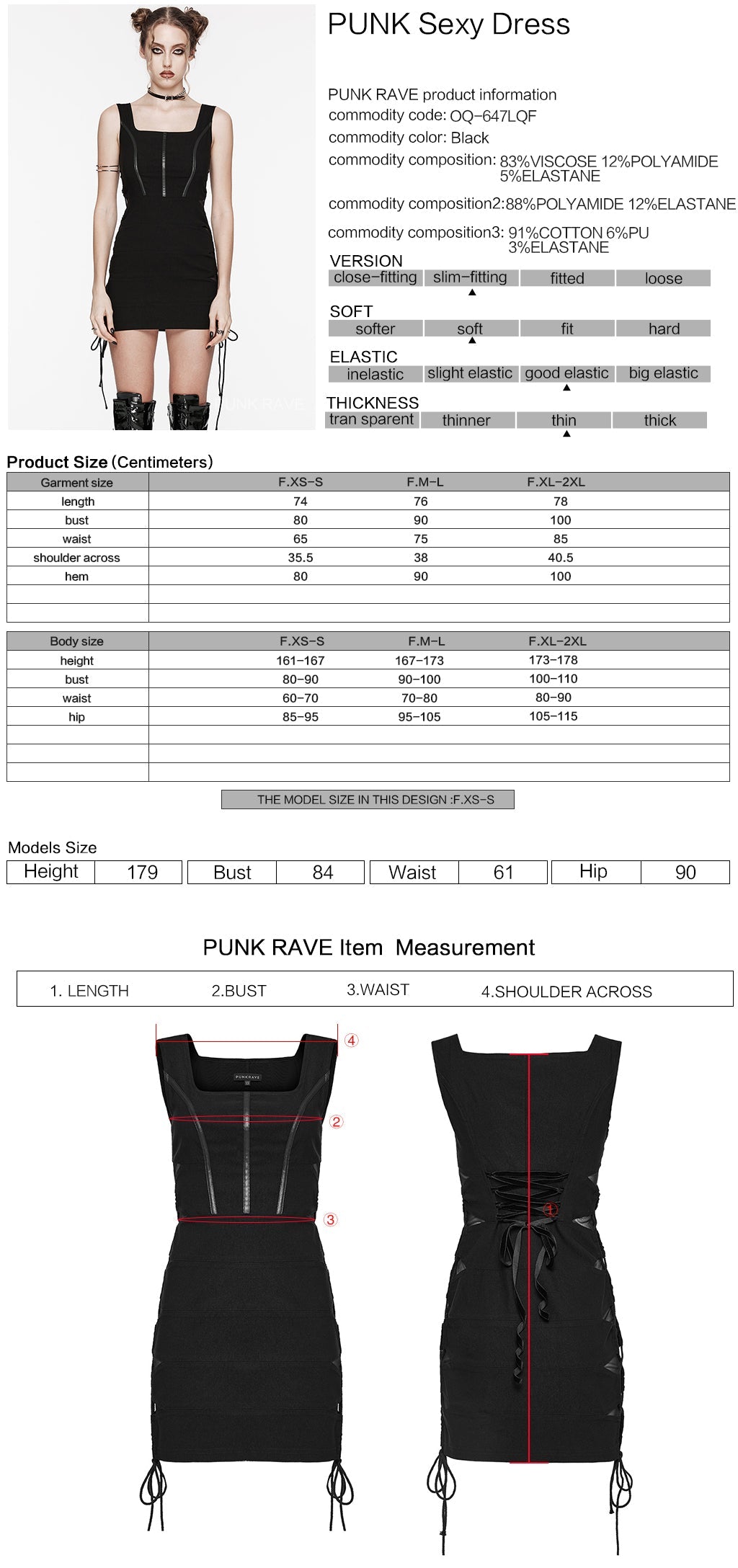 OQ-647LQF Edgy Black Lace-Up Bodycon Punk Dress with Sleek Details