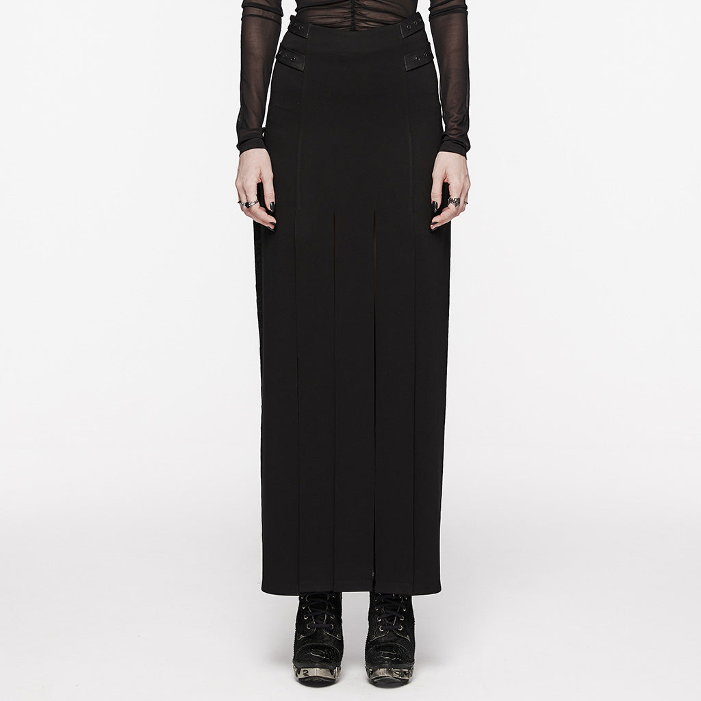 OQ-707BQF Edgy Long Black Pleated Punk Skirt with Belt Accents
