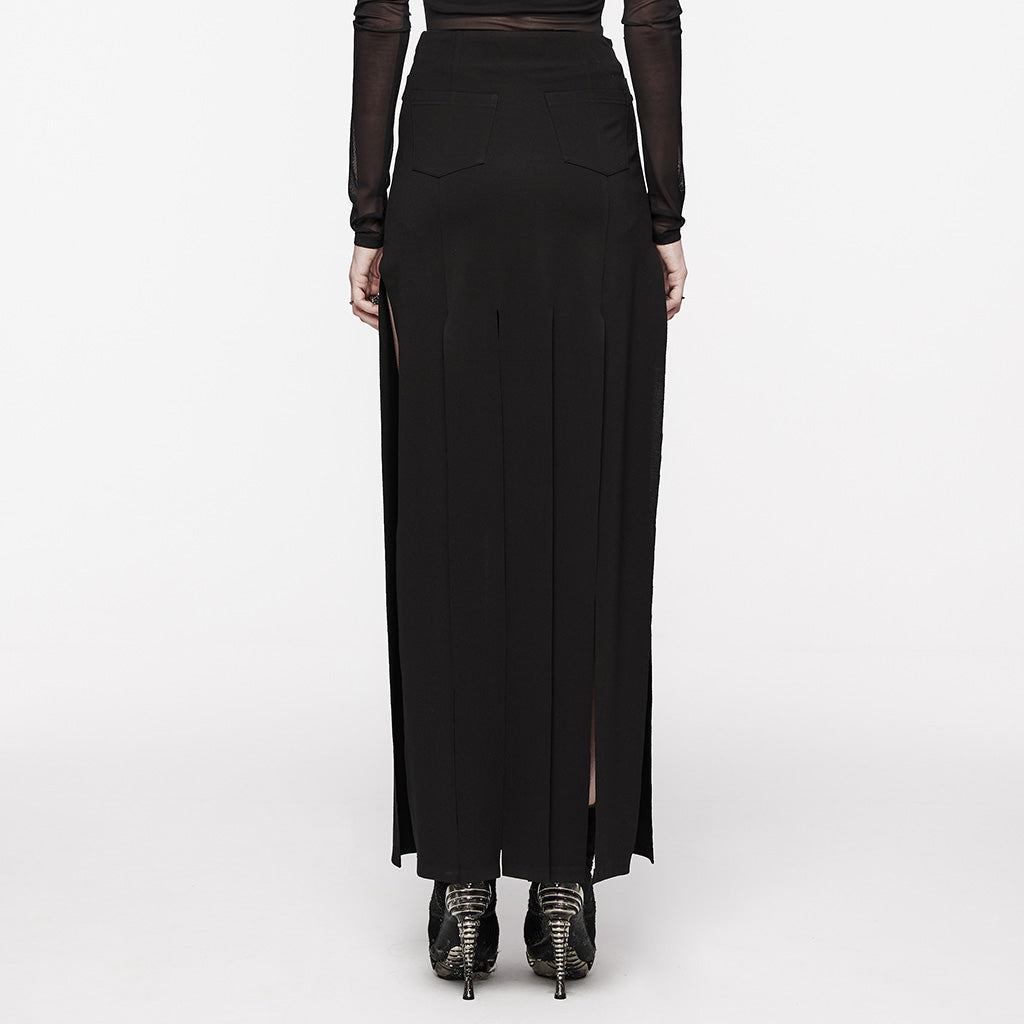 OQ-707BQF Edgy Long Black Pleated Punk Skirt with Belt Accents