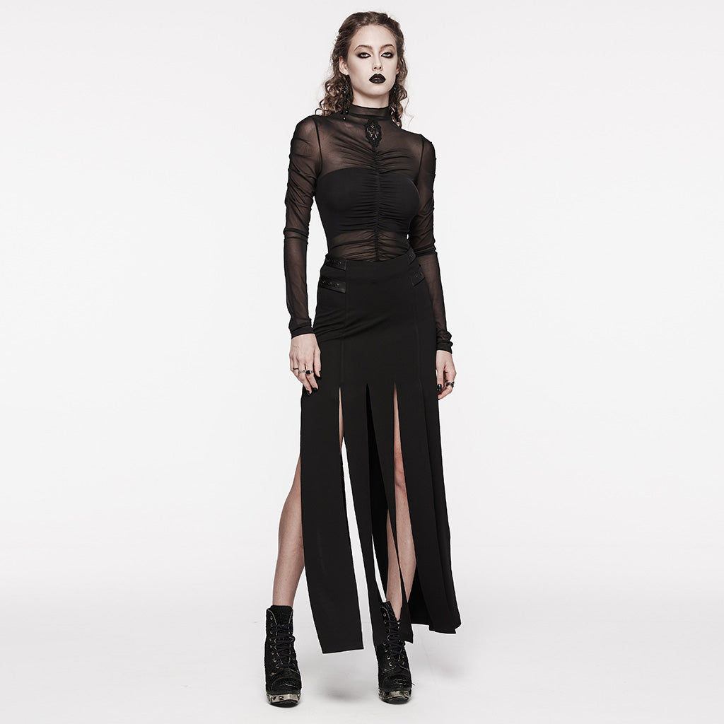 OQ-707BQF Edgy Long Black Pleated Punk Skirt with Belt Accents