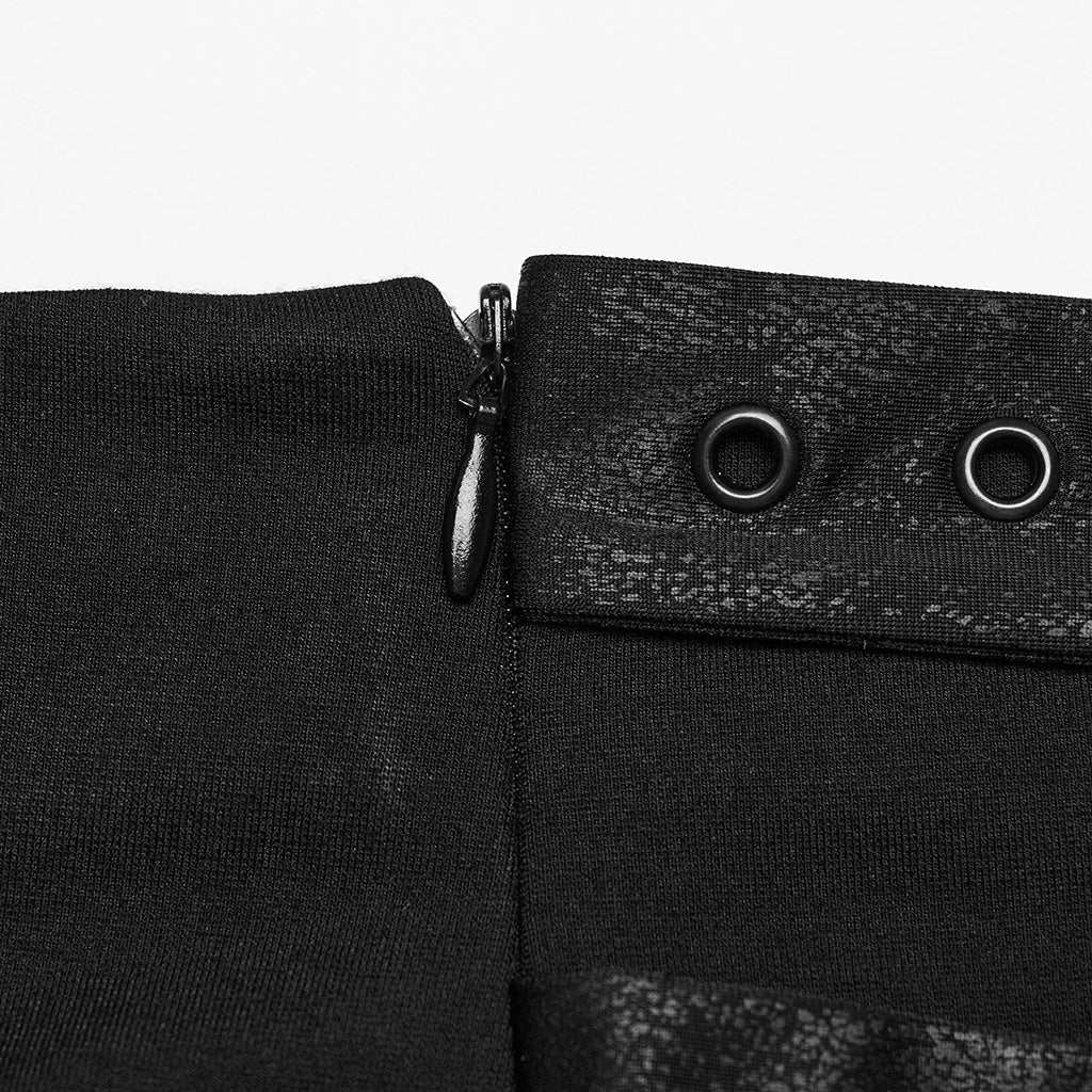 OQ-707BQF Edgy Long Black Pleated Punk Skirt with Belt Accents