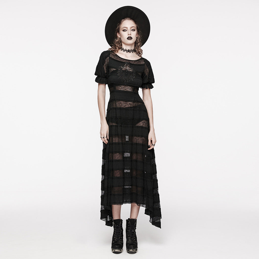 OQ-708LQF Gothic Dress Off Shoulder Lace Mesh Long Flare Hem Gown
