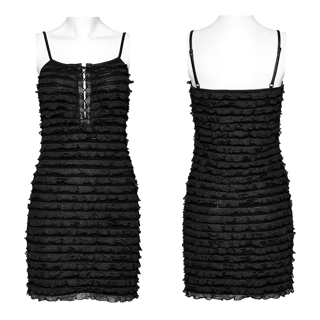 OQ-713LQF Ruffled Lace-Up Bodycon Punk Dress with Spaghetti Straps