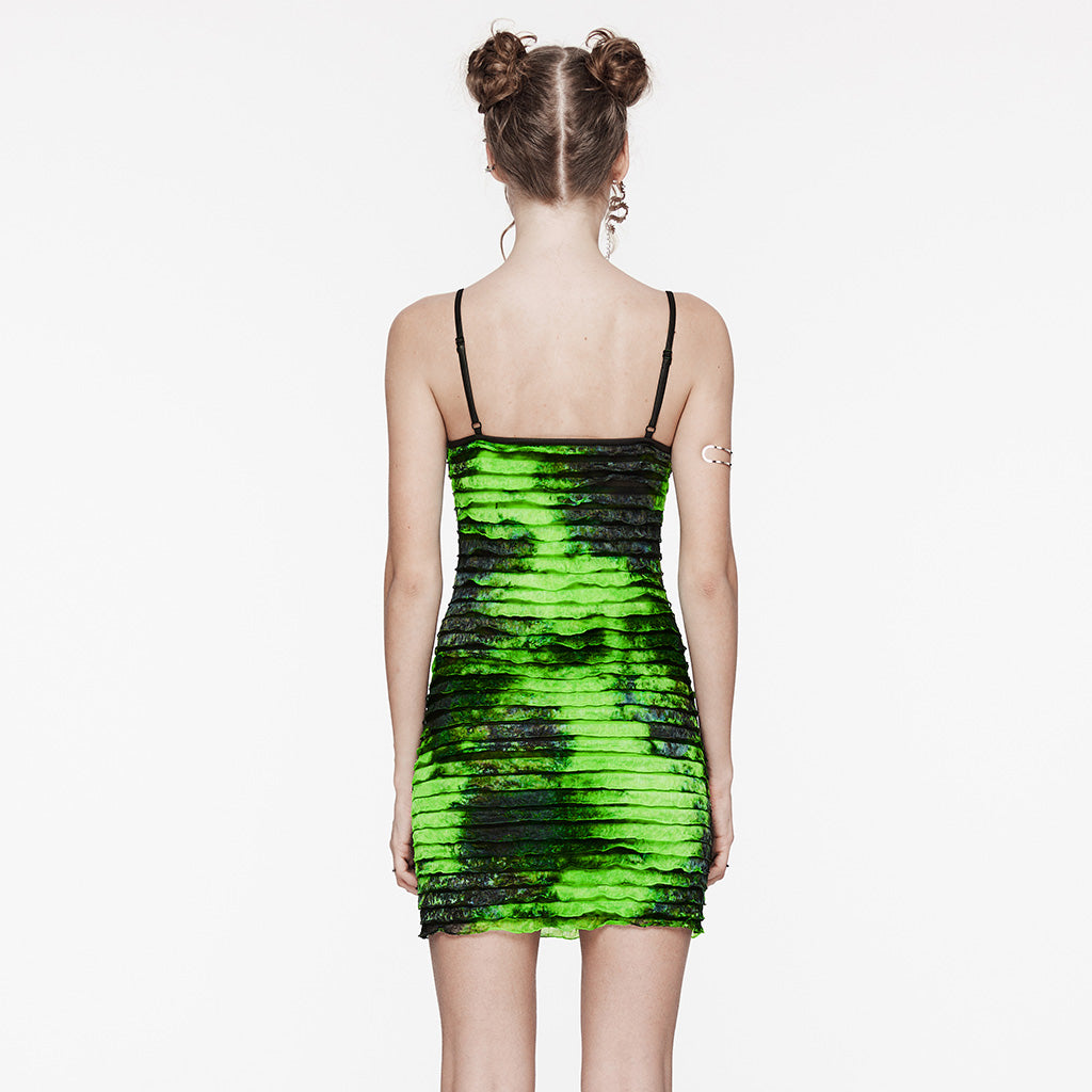OQ-713LQF Ruffled Lace-Up Bodycon Punk Dress with Spaghetti Straps
