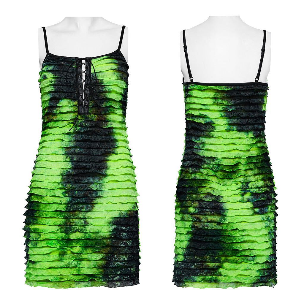 OQ-713LQF Ruffled Lace-Up Bodycon Punk Dress with Spaghetti Straps