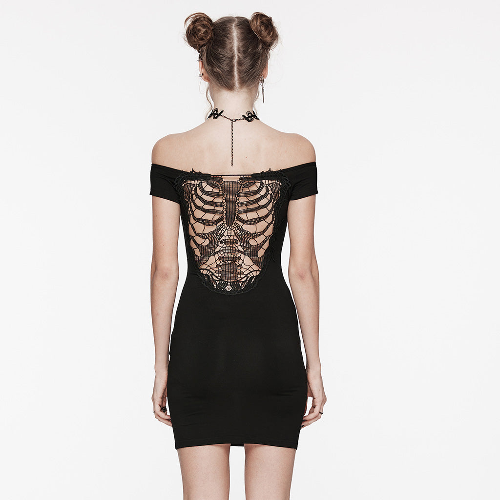 OQ-715LQF Punk Dresses Off-Shoulder Skeleton Lace Back Mini Dress