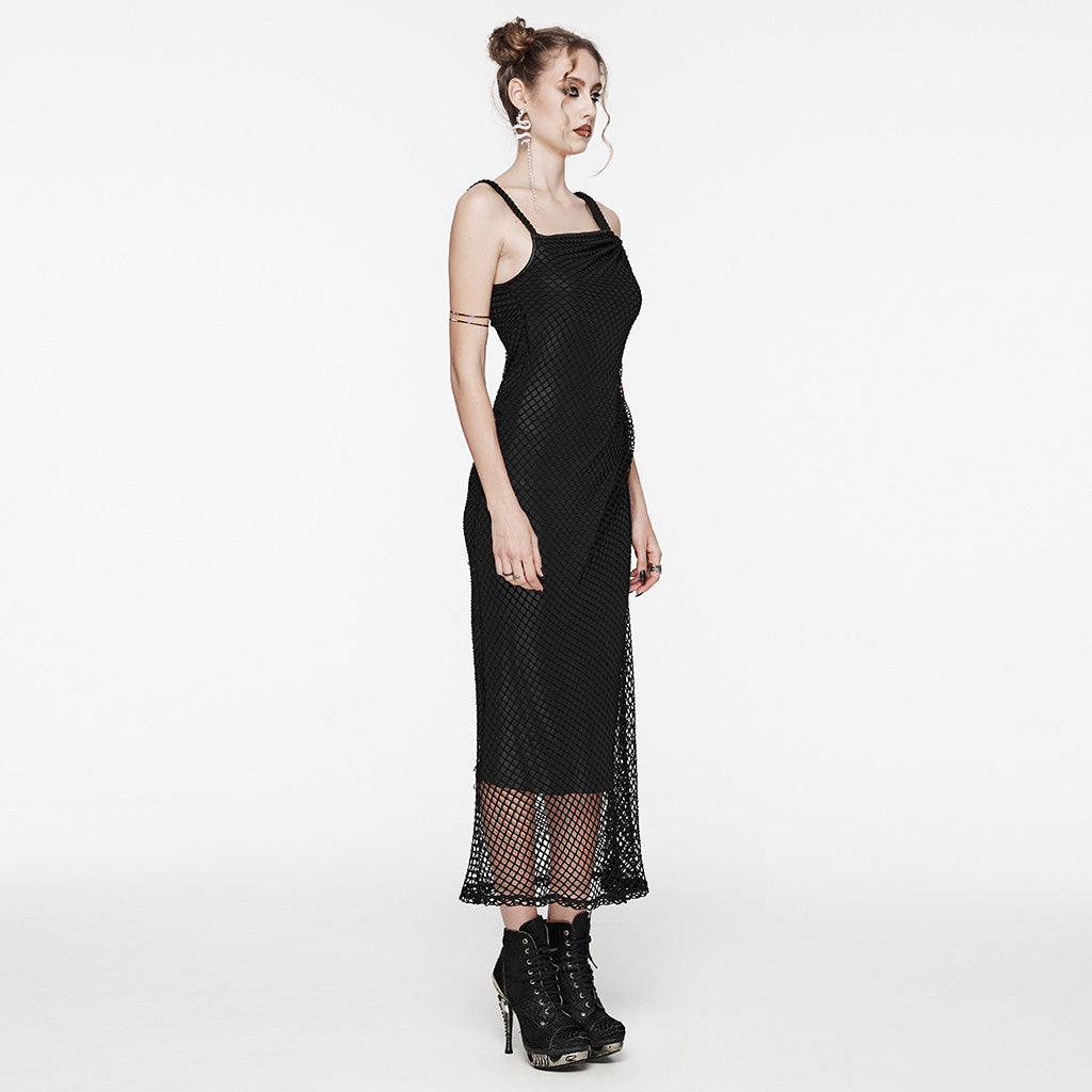 OQ-721LQF Gothic Dress Fishnet Overlay Asymmetric Shoulder Elegant Red Maxi