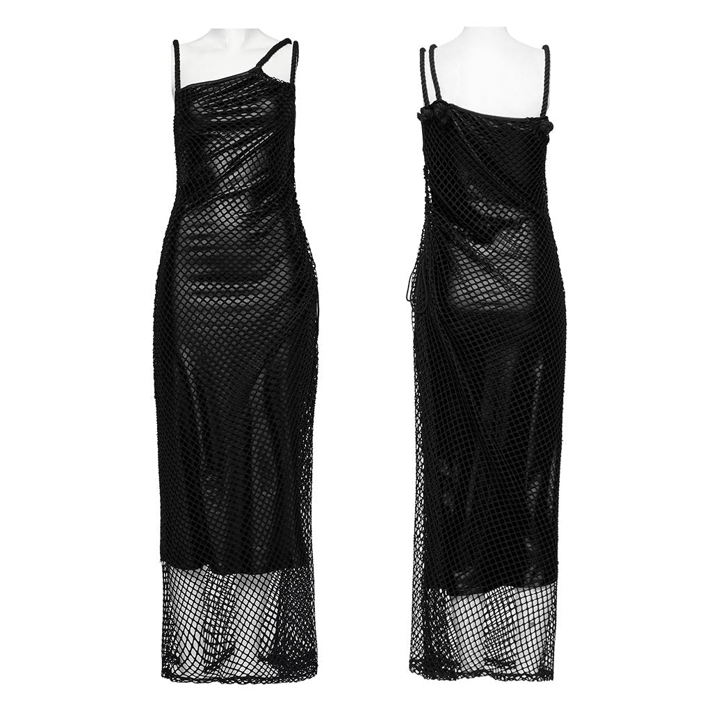 OQ-721LQF Gothic Dress Fishnet Overlay Asymmetric Shoulder Elegant Red Maxi