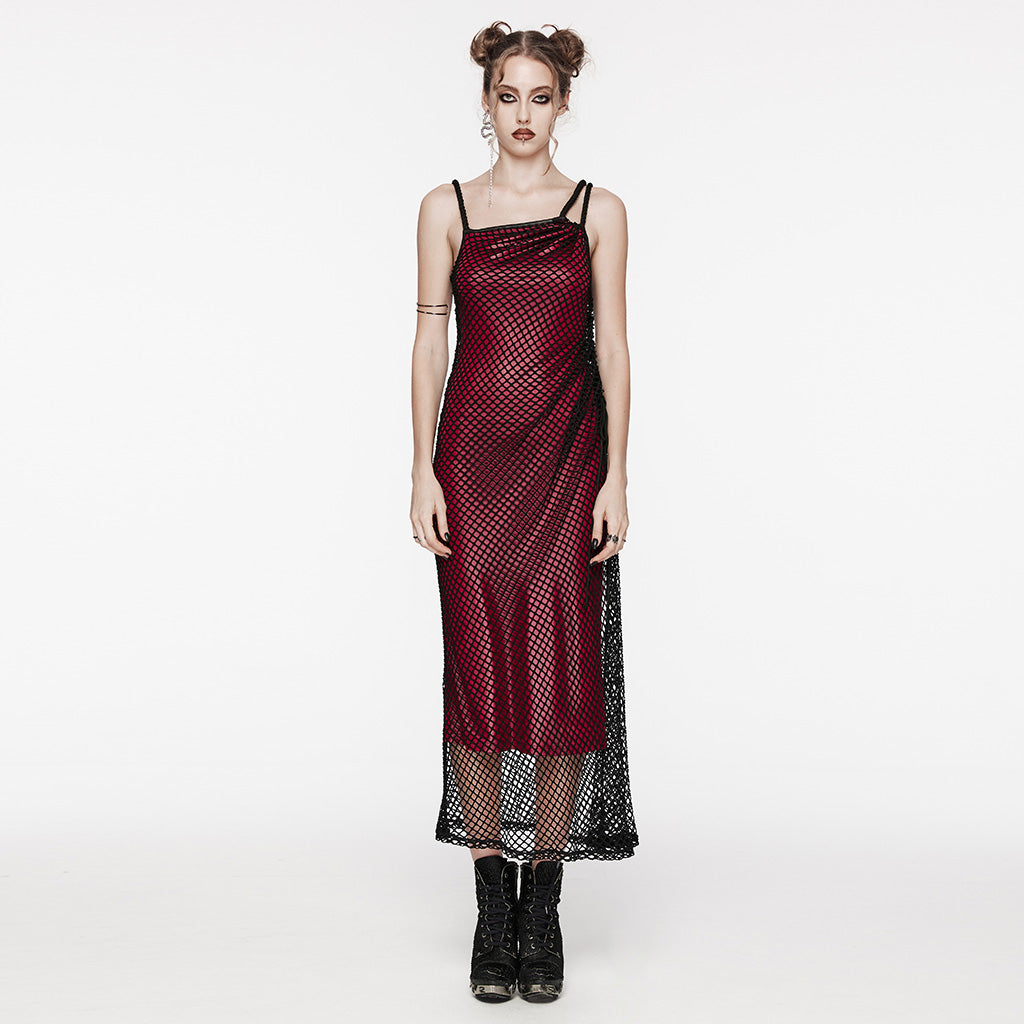 OQ-721LQF Gothic Dress Fishnet Overlay Asymmetric Shoulder Elegant Red Maxi