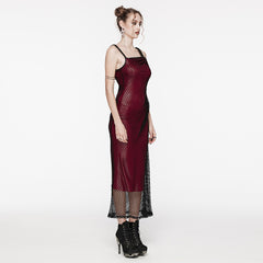 OQ-721LQF Gothic Dress Fishnet Overlay Asymmetric Shoulder Elegant Red Maxi